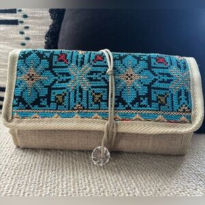 Embroidered Multipurpose Clutch Bag - Blue and Tan